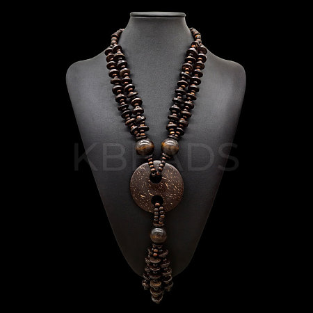Boho Coconut & Wood Handmade Ethnic Donut Pendant Long Tassel Beaded Necklaces for Beach Vacation WGD9A0D-01-1