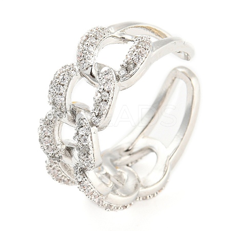 Curb Chains Shape Brass Open Cuff Rings with Cubic Zirconia RJEW-Q781-04P-1