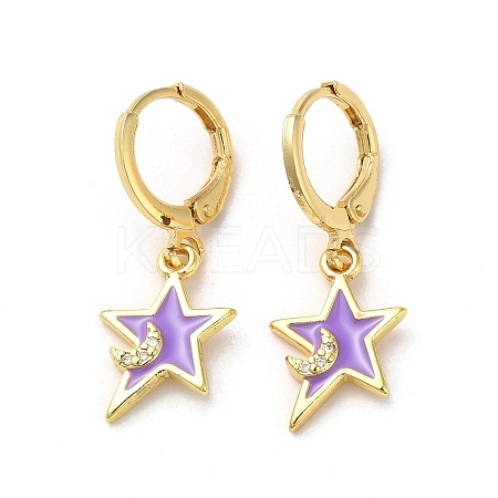 Star & Moon Real 18K Gold Plated Brass Dangle Leverback Earrings EJEW-L268-032G-01-1
