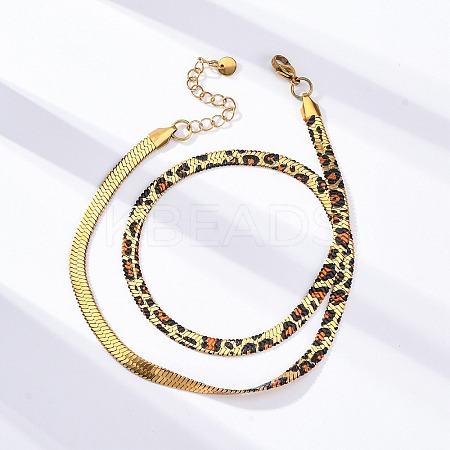 304 Stainless Steel Leopard Print Flat Snake Chain Necklaces for Women NJEW-A044-02B-G-01-1