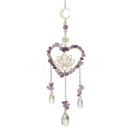 Natural Amethyst Chip & Brass Heart & Lotus Hanging Ornaments HJEW-TA00257-1