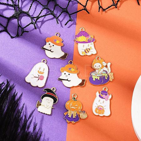 16Pcs 8 Styles Light Gold Tone Alloy Enamel Pendants ENAM-FP0003-19-1