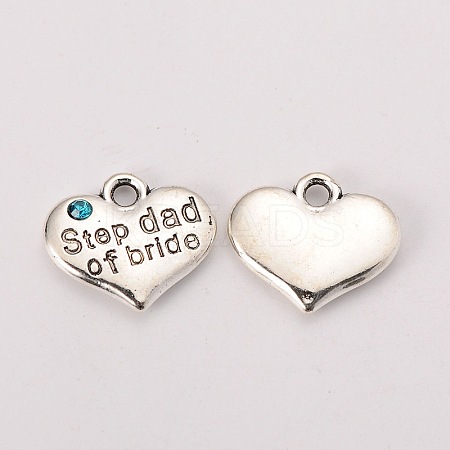 Wedding Theme Antique Silver Tone Tibetan Style Alloy Heart with Step Dad of Bride Rhinestone Charms LS-TIBEP-N005-22B-1