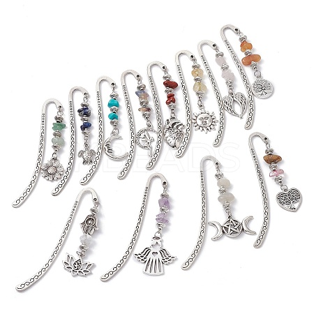 12Pcs Gemstone Chip Beaded Pendant Bookmarks with Alloy Mixed Shapes Charms GG-CJ91EC-AS-1