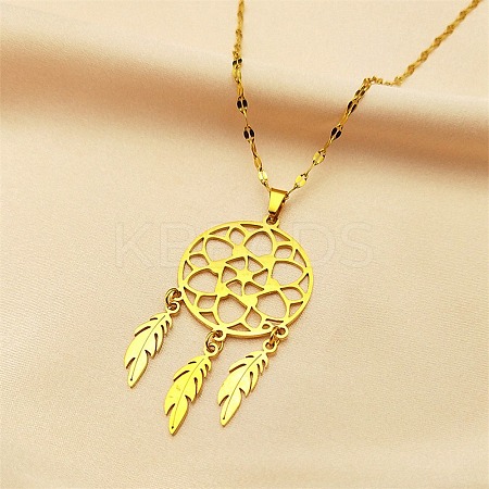Woven Net/Web with Feather 201 Stainless Steel Boho Pendant Necklaces for Women NJEW-G087-07G-1