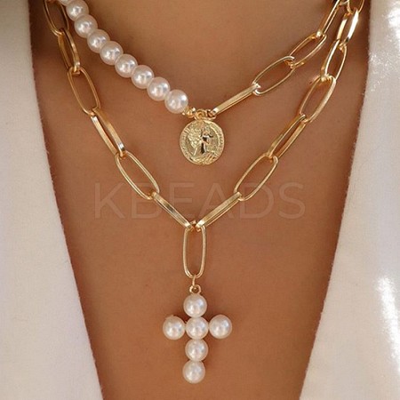 Cross Alloy with Plastic Pearl Pendant Necklaces WGAF0E8-01-1