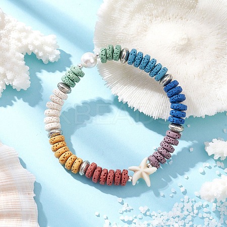 Flat Round Natural Lava Rock & Shell Pearl Beaded Stretch Bracelets for Women BJEW-JB12141-02-1
