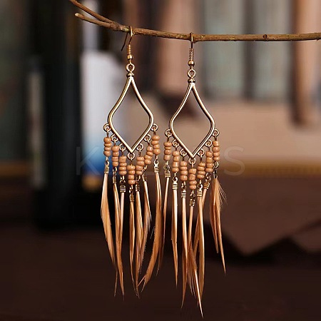 Bohemian Style Alloy Glass Seed Beaded Feather with Rhombus Chandelier Earrings FS-WG1E384-04-1