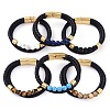Mixed Stone Round Bead Leather Cord Multi-strand Bracelets BJEW-A009-10G-1