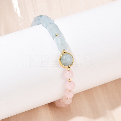 Natural Aquamarine & Natural Rose Quartz & Brass Round & Prism Beaded Bracelets for Women BJEW-G752-01G-01-1