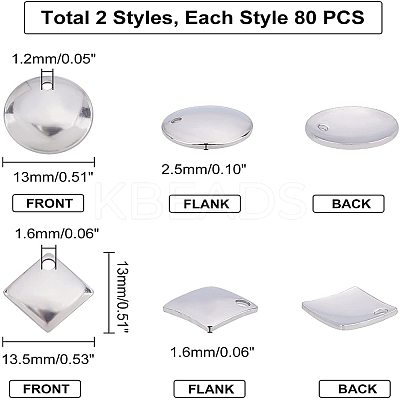 160Pcs 2 Style 304 Stainless Steel Charms STAS-UN0026-85-1