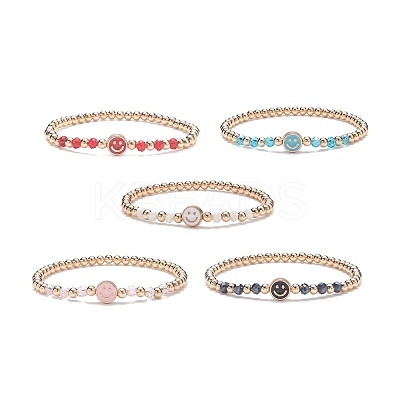 5Pcs 5 Colors Alloy Enamel Smiling Face & Brass & Glass Beaded Stretch Bracelets Set for Women BJEW-JB08774-1