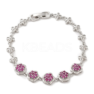 Medium Violet Red Cubic Zirconia Flower Link Bracelet BJEW-M296-03P-1