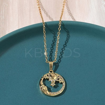 Brass Micro Pave Clear Cubic Zirconia Moon and Sun Pendant 304 Stainless Steel Chain Necklaces for Women NJEW-D341-05G-1