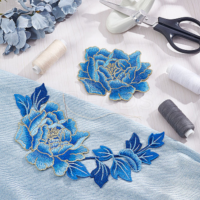 2Pcs 2 Style Peony Polyester Embroidery Sew on Clothing Patches PATC-NB0001-11B-1