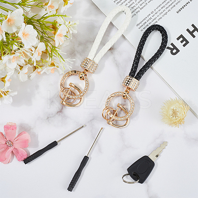 2Pcs 2 Colors PU Leather and Alloy Rhinestone Braided Keychain KEYC-CL0001-16-1