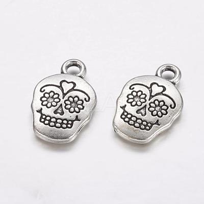Mexico Holiday Day of the Dead Sugar Skull Tibetan Style Alloy Metal Pendants X-TIBEP-21061-AS-FF-1