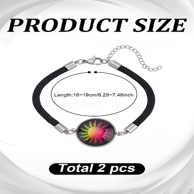 1 Set 2Pcs Valentine's Day Luminous 304 Stainless Steel Glass Flat Round Link Bracelet Sets BJEW-LP0001-35A-1