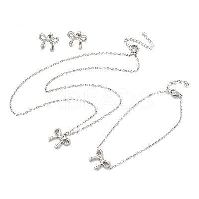Bowknot 304 Stainless Steel 
Stud Earrings & Necklaces & Bracelets Sets SJEW-Q001-02P-1