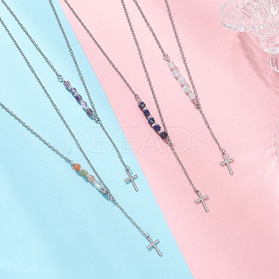 Natural & Synthetic Mixed Stone Faceted Cube Beads & 304 Stainless Steel Cable Chain Tassel Cross Pendant Necklaces NJEW-JN05845-1