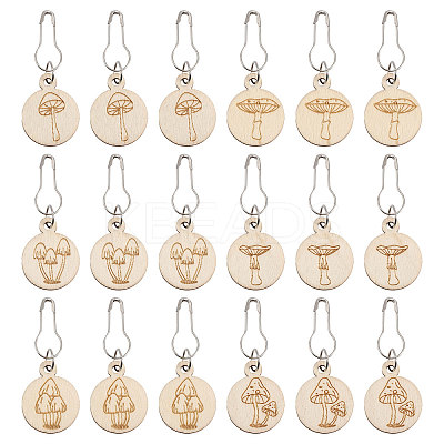 3 Bags Mushroom Pattern Flat Round Wooden Charm Locking Stitch Markers HJEW-BC0001-49-1