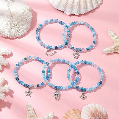 5Pcs 5 Styles Ocean Series Alloy Charm Bracelets BJEW-JB11726-1