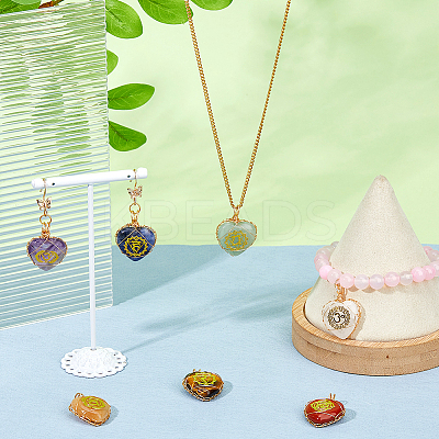 7Pcs 7 Styles Chakra Natural Tiger Eye & Sodalite & Red Jasper & Quartz Crystal & Green Aventurine & Amethyst & Red Aventurine Copper Wire Wrapped Heart Pendants with Golden Tone Metal Slices PALLOY-FH00093-1