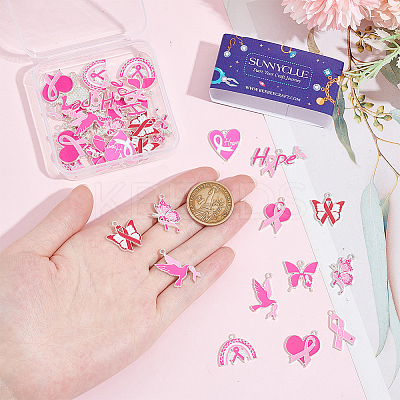 40Pcs 10 Styles Breast Cancer Pink Awareness Ribbon Theme Alloy Enamel Pendants ENAM-SC0005-02-1