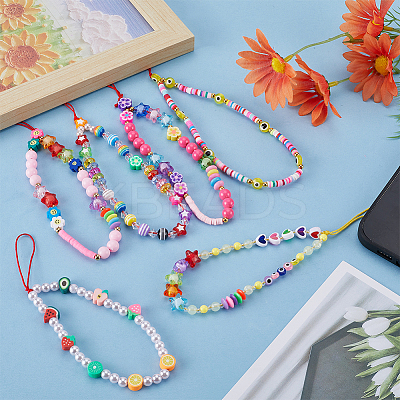 6Pcs 6 Styles Handmade Polymer Clay & Plastic Beaded Mobile Straps HJEW-GF0001-43-1