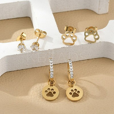 304 Stainless Steel Rhinestone Paw Print Earring Sets EJEW-Z098-24G-1