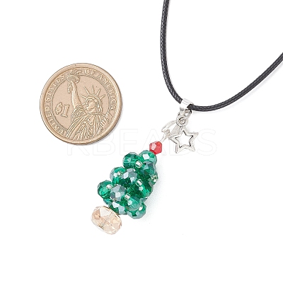 Electroplate Glass Beaded Dark Cyan Christmas Tree & Alloy Star Pendant Black Waxed Cotton Cord Necklaces NJEW-MZ00123-01-1