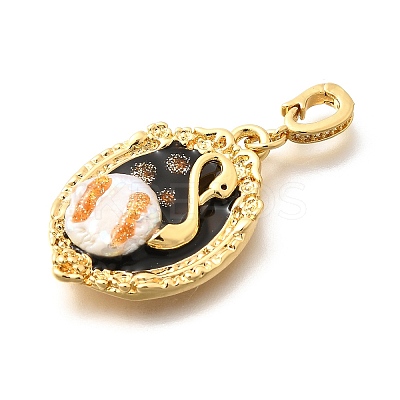Brass Black Enamel Oval Pendants with Glitter Powder KK-K398-15G-1