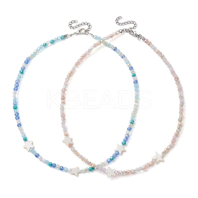 2Pcs 2 Color Glass & Natural Shell Star Beaded Necklaces Set NJEW-JN04646-02-1