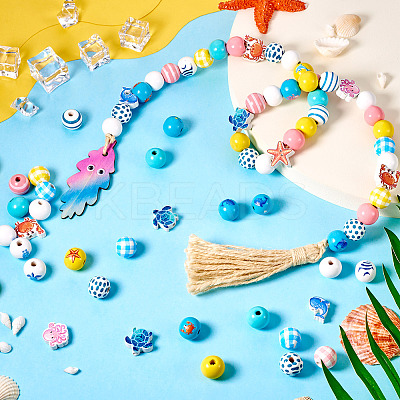 Ocean Themed Spray Painted Wood European Beads WOOD-TA0002-63-1