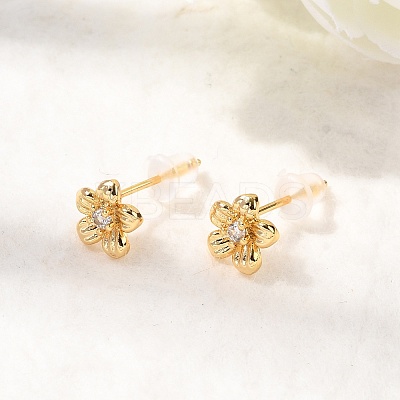 Brass Micro Pave Clear Cubic Zirconia Flower Stud Earrings EJEW-C158-17B-G-1