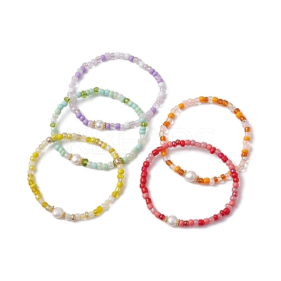 Grass Seed & Natural Pearl Beaded Stretch Bracelets for Women BJEW-JB09705-1