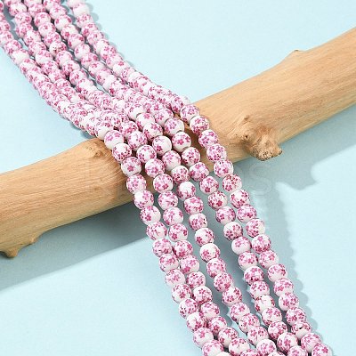 Handmade Flower Printed Porcelain Ceramic Beads Strands X-PORC-M005-6mm-03-1
