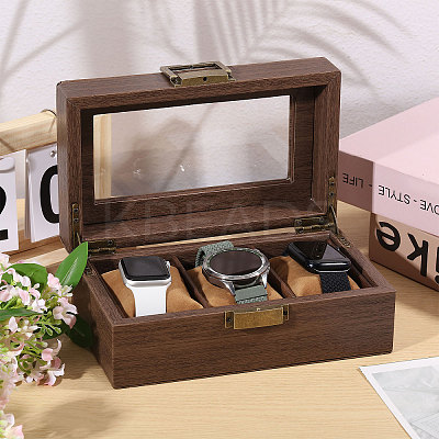3-Slot Wood Covered with PU Leather Watch Storage Boxes with Glass Visible Window Hinged Lids and Lint Pillows Inside CON-WH0113-10B-1