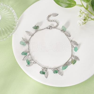Natural Green Aventurine Chips & Leaf Charms Anklet AJEW-AN00512-05-1