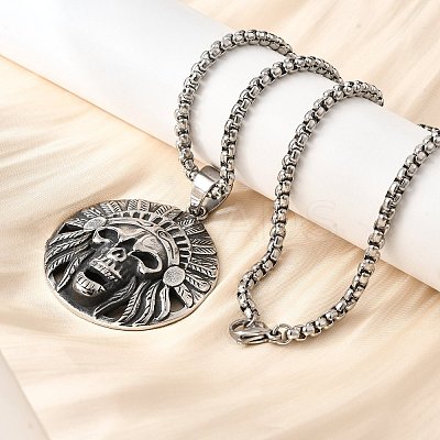 304 Stainless Steel Indian Head Skull Pendant Necklaces for Women Men NJEW-Z076-03AS-1