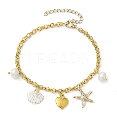 Natural Pearl & Iron Rolo Chain Bracelets BJEW-JB10364-1