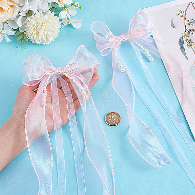 Nylon Organza Ribbon & Plastic Imitation Pearl Beaded Bowknot Bag Ornament HJEW-PH02020-1