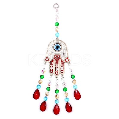 Hamsa Hand/Hand of Miriam with Evil Eye Alloy Lampwork Pendant Decoration HAMS-PW0001-01-1