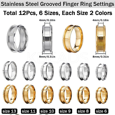 12Pcs 12 Styles 201 Stainless Steel Grooved Finger Ring Settings RJEW-SC0001-03-1