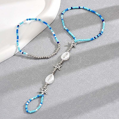 Bohemian Style Alloy Starfish & Plastic Shell Shape & Glass Seed Beaded Stretch Double Layer Toe Ring Anklets for Women FS-WG2BCD2-01-1