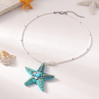 Ocean Starfish Cloth Shell with Rhinestone Pendant White Glass Beaded Necklaces for Women FS-WGEED08-01-1