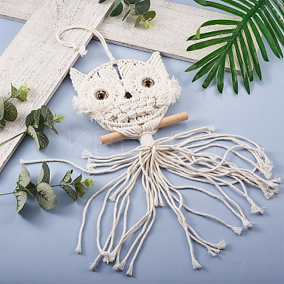 Owl Cotton Rope & Wood Beads Wind Chime Pendant HJEW-CF0001-05-1