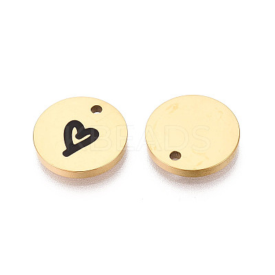 304 Stainless Steel & Enamel Flat Round with Heart Pendants STAS-T073-11G-1
