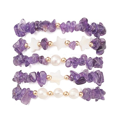 5Pcs 5 Style Natural Amethyst Chips Stretch Bracelets Set BJEW-JB09551-01-1