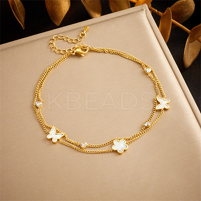 304 Stainless Steel Pave Natural Shell & Crystal Rhinestone Charm Double Layer Anklets for Women FS-WGA3011-05-1
